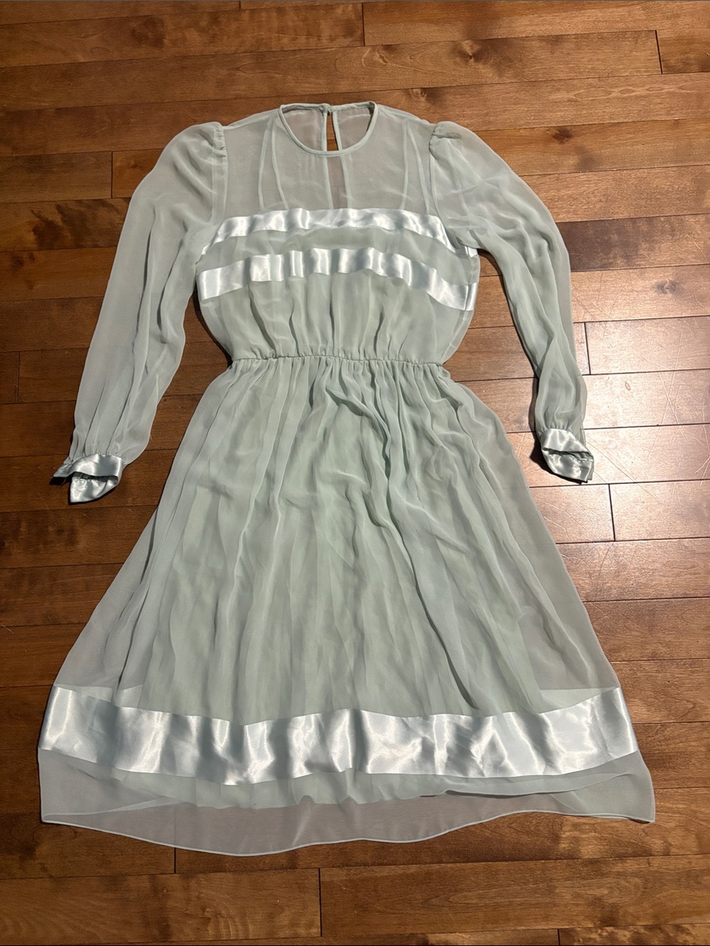 Sheer Long-Sleeve Mint Green Midi Dress with Satin Trim and built in slip